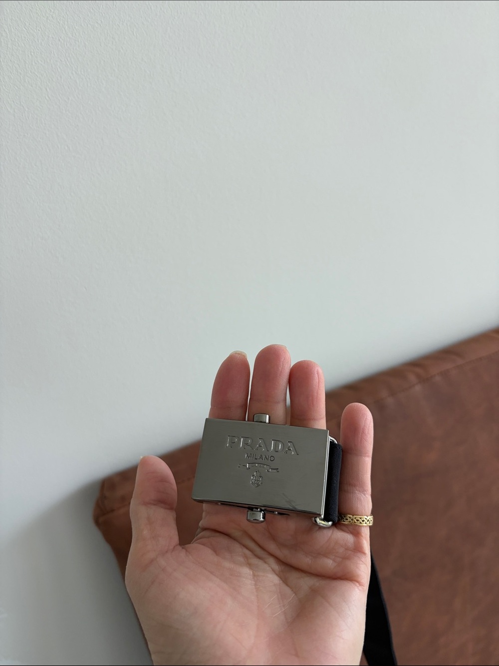 Authentic Prada Silver and Black Logo belt